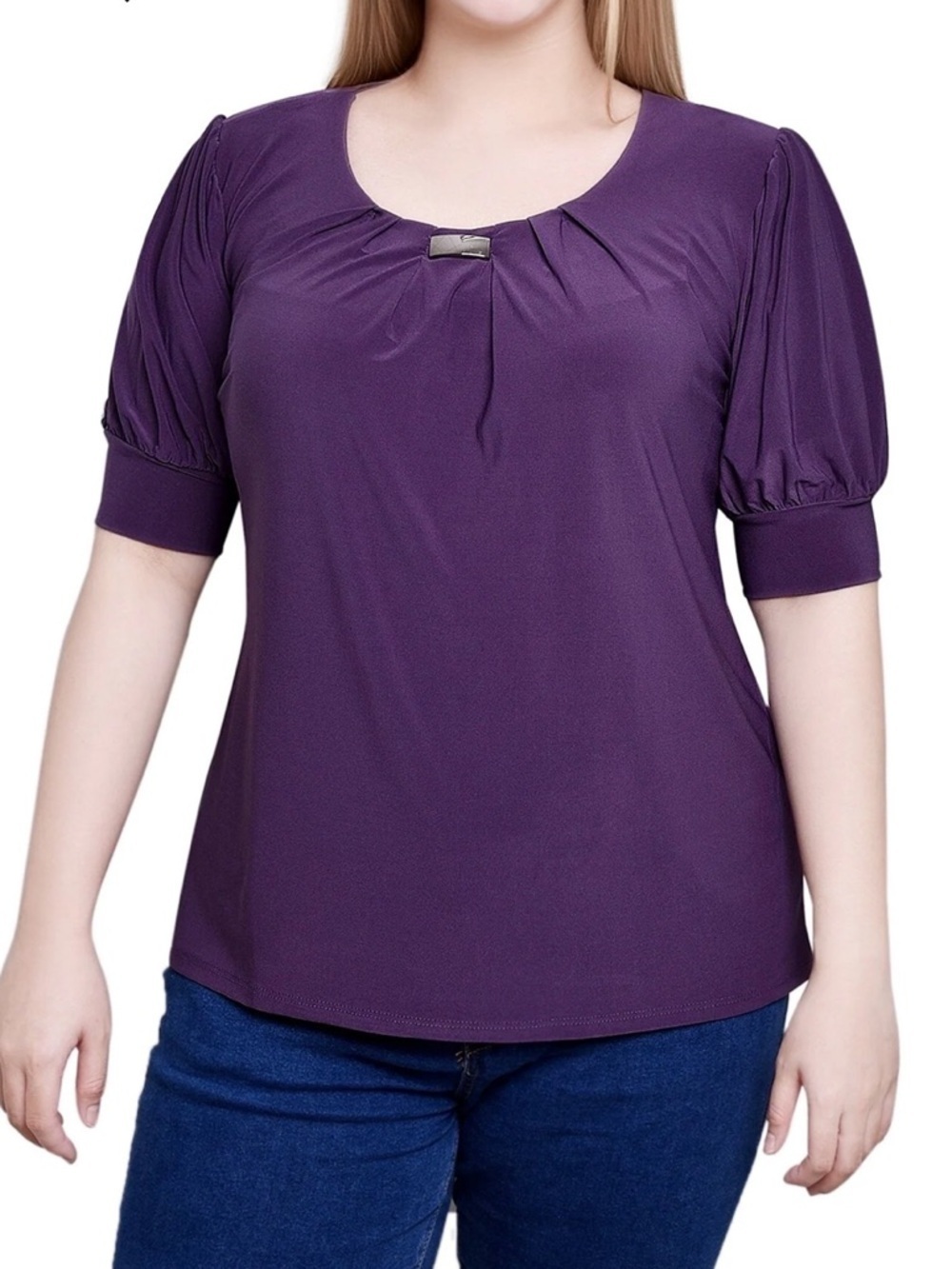 NY Collection nightshade Short Sleeve Balloon Sleeve Top With Hardware